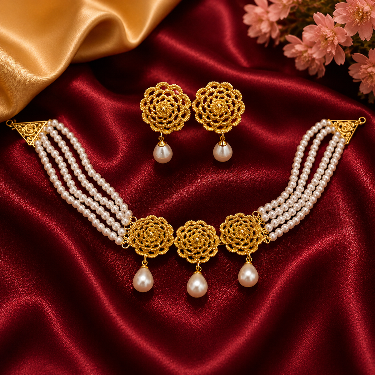 Pearl Floral Gold-Tone Choker Set
