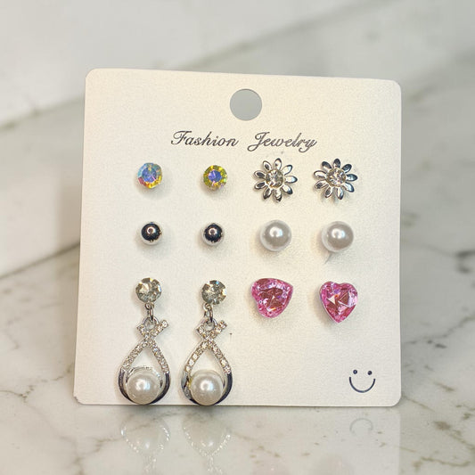 6-Pair Stylish Multicolor Stud & Pearl Earrings Set for Women