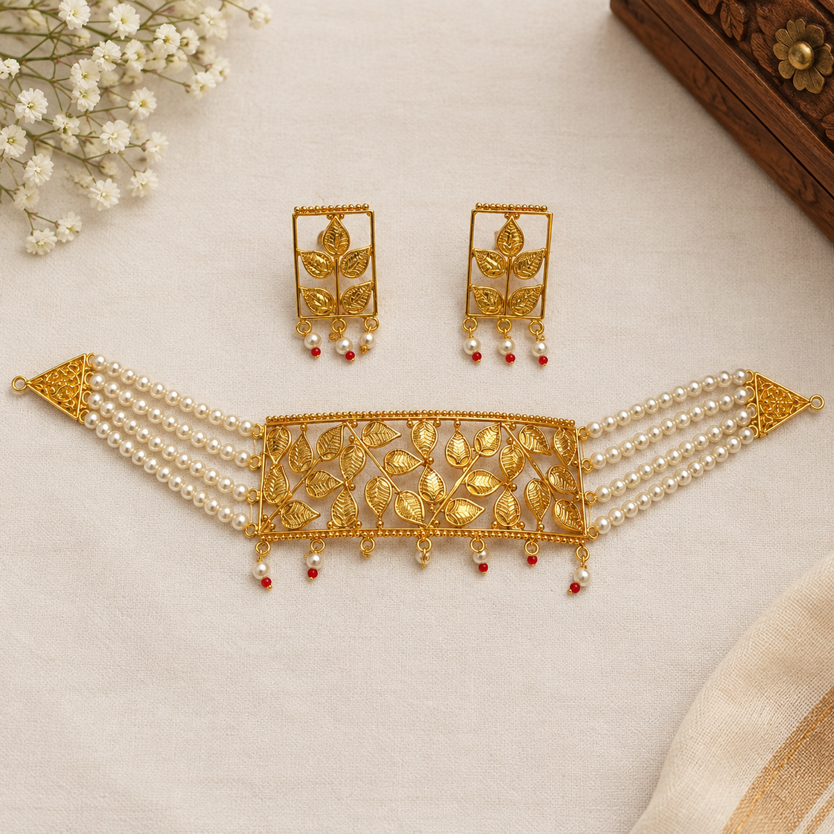 Pearl & Leaf Design choker Set with Matching Earrings (tarcel included)