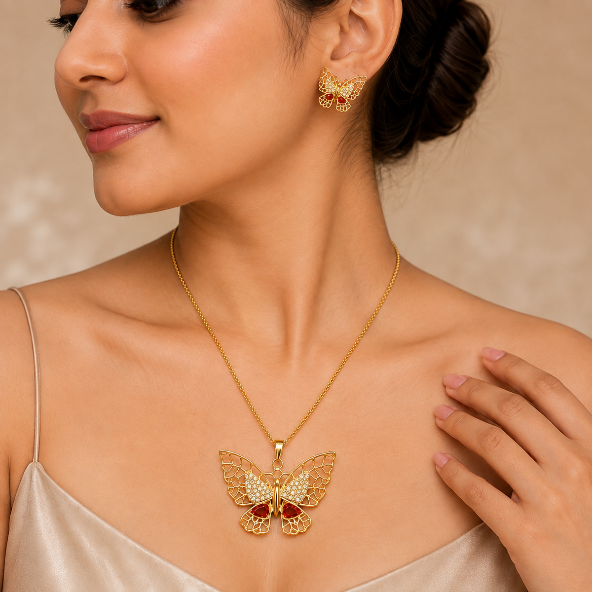 Butterfly Pendant Necklace Set | Gold-Tone Butterfly Jewellery