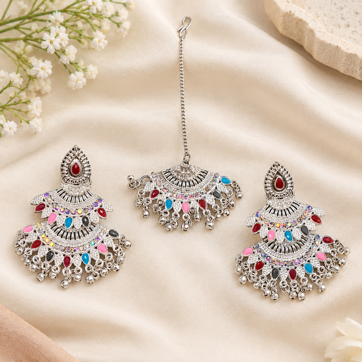 Silver Tone  Oxidised Multicolor Afghani Chandbali Earrings with Matching Maang Tikka Set for Women & Girls