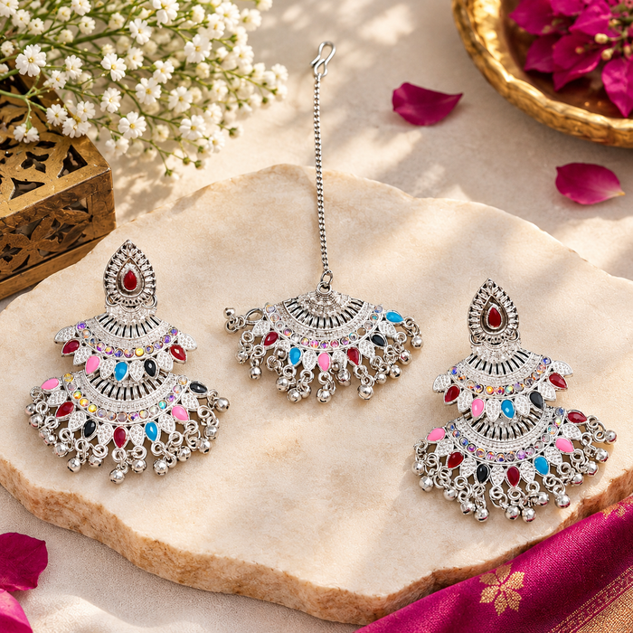 Silver Tone  Oxidised Multicolor Afghani Chandbali Earrings with Matching Maang Tikka Set for Women & Girls