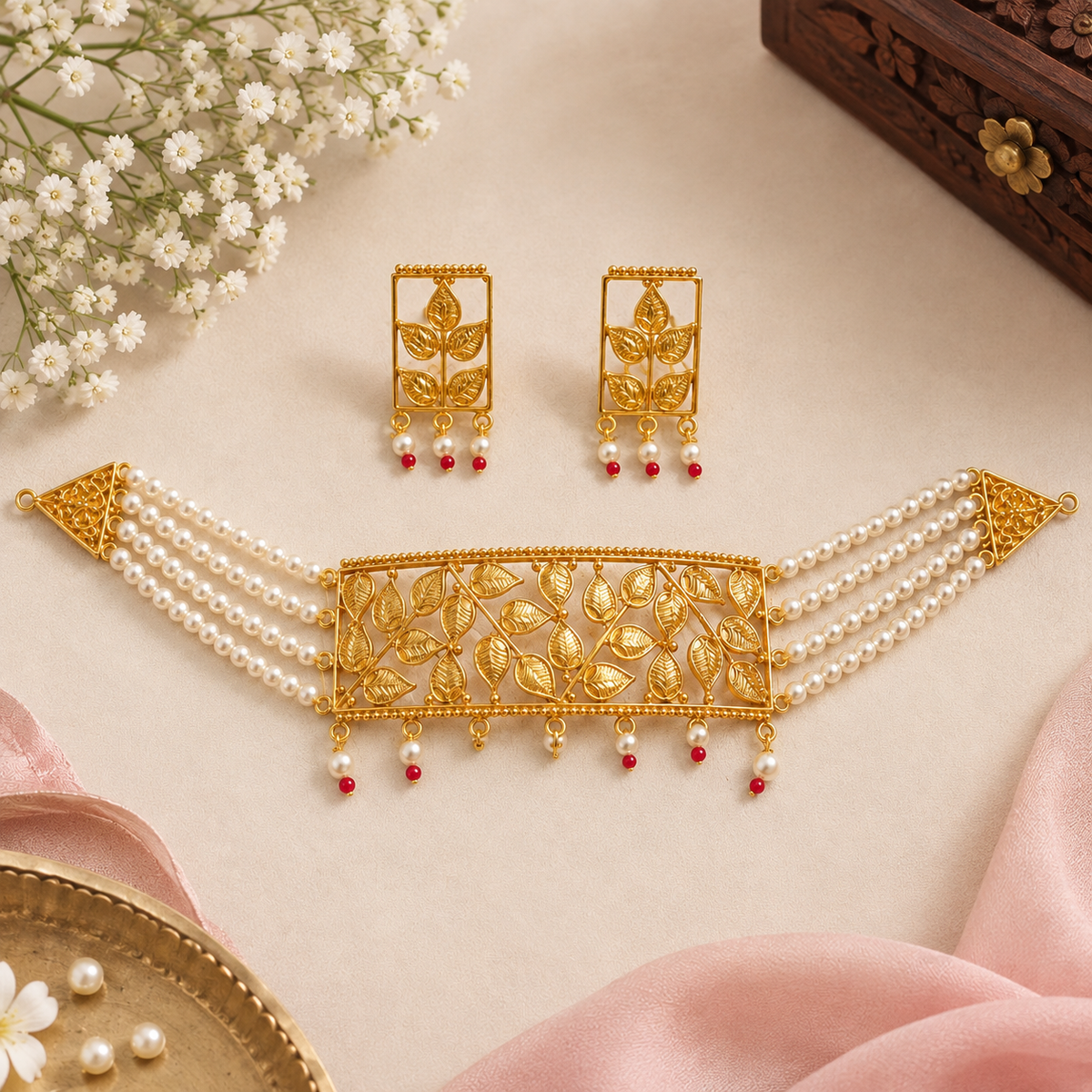 Pearl & Leaf Design choker Set with Matching Earrings (tarcel included)