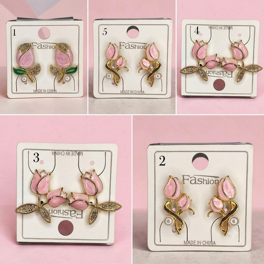 Pink Rose Flower Stud Earrings for Women| Cute Korean Style Party & Daily Wear Earrings