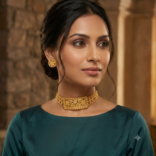 Traditional Gold Tone Floral Choker & Matching Earrings Set