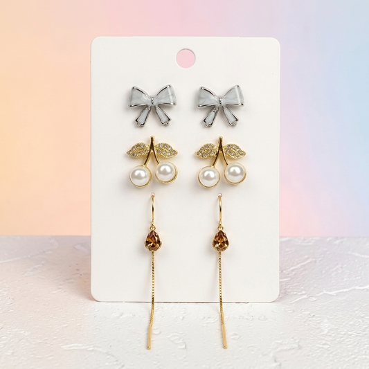 Korean Style Earrings Set for Women & Girls | Bow, Cherry Pearl & Long Drop Earrings