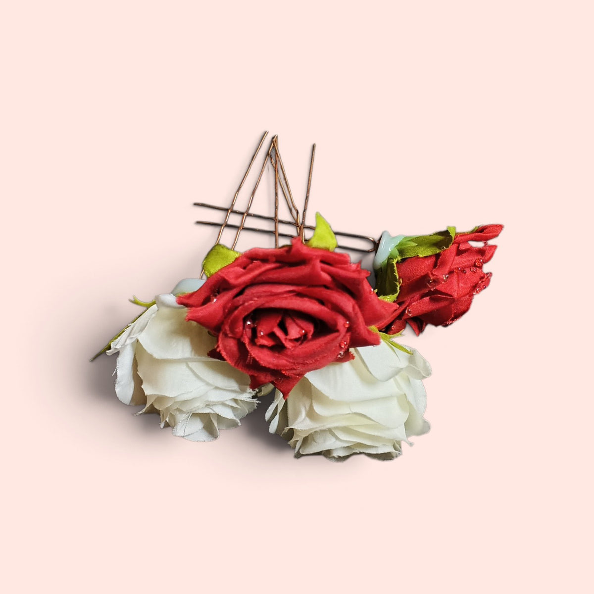 4 Pcs Artificial Red & White Rose Hair Pins for Women & Girls | Bridal Floral Hair Accessories | Wedding, Party & Festive Hair Bun Pins