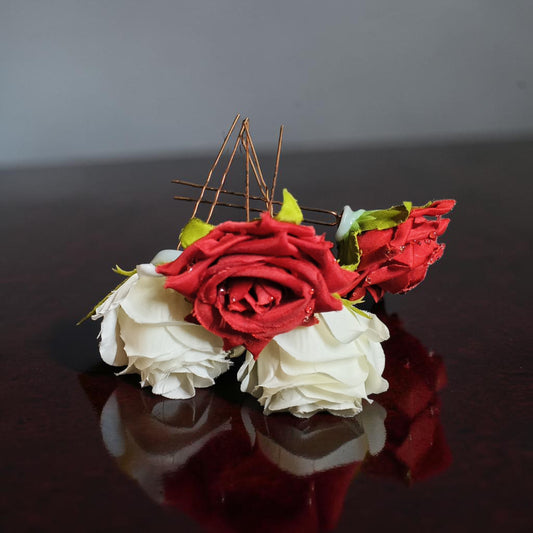 4 Pcs Artificial Red & White Rose Hair Pins for Women & Girls | Bridal Floral Hair Accessories | Wedding, Party & Festive Hair Bun Pins