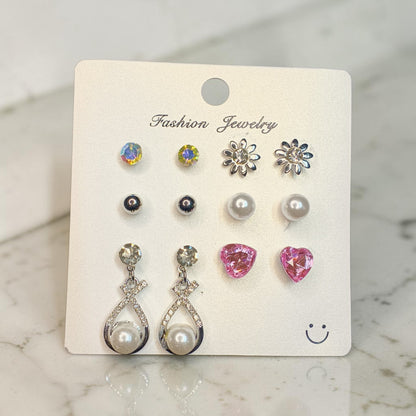 6-Pair Stylish Multicolor Stud & Pearl Earrings Set for Women