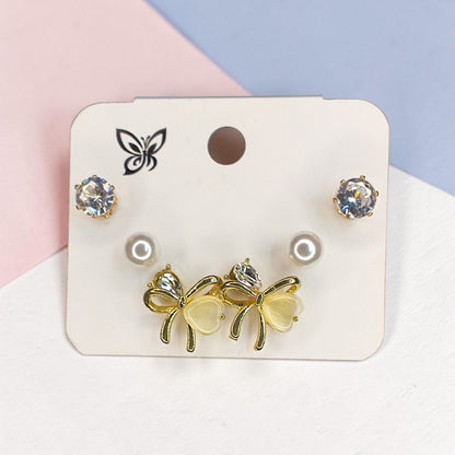 Crystal, Pearl & Butterfly Bow Earrings | Korean Style Daily Wear & Party Wear Earrings|| pair of 3