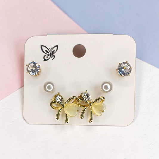 Crystal, Pearl & Butterfly Bow Earrings | Korean Style Daily Wear & Party Wear Earrings|| pair of 3