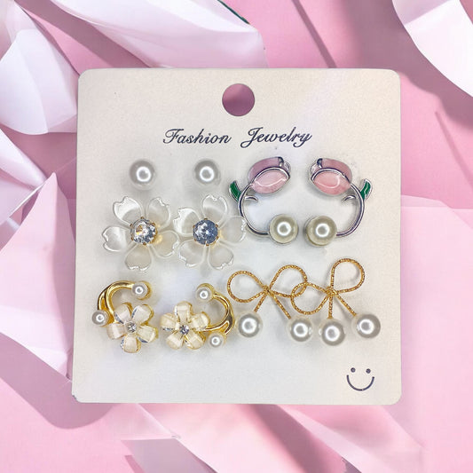 Cute Bow, Daisy & Tulip Earrings||5 Pair Korean Style Pearl & Floral Stud Earrings Set for Women