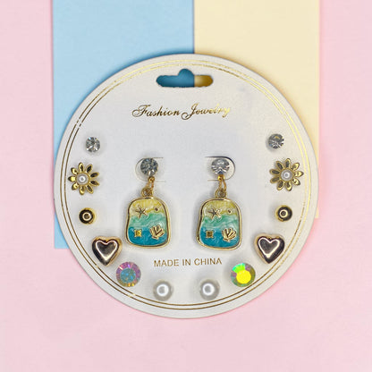 Korean Style 7 Pair Multicolor Beach Theme Stud & Drop Earrings Set for Girls and Women