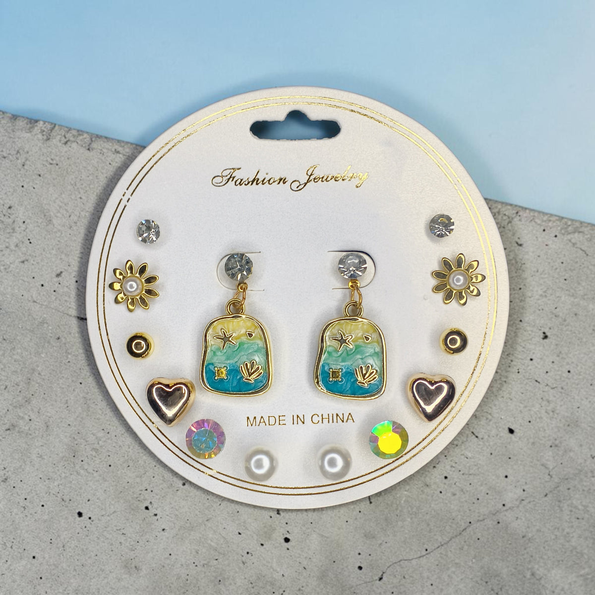 Korean Style 7 Pair Multicolor Beach Theme Stud & Drop Earrings Set for Girls and Women