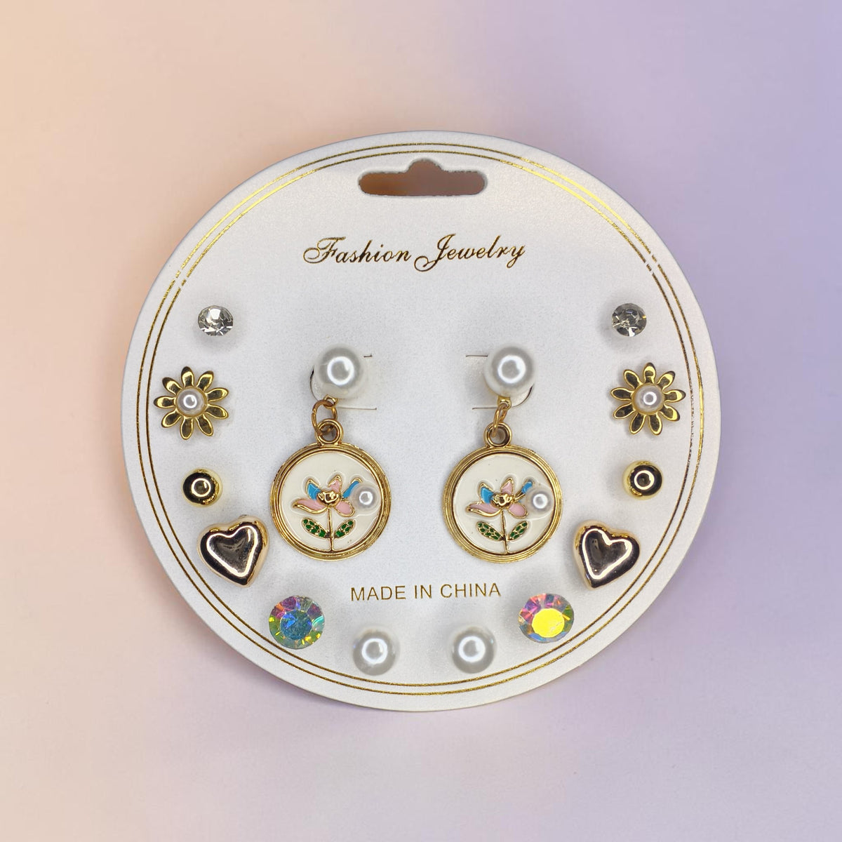 Korean Style 7 Pair Floral Pearl & Heart Stud Earrings Combo Set for Girls and Women