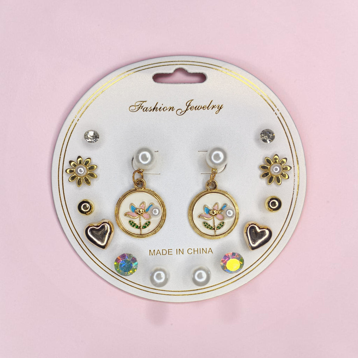 Korean Style 7 Pair Floral Pearl & Heart Stud Earrings Combo Set for Girls and Women