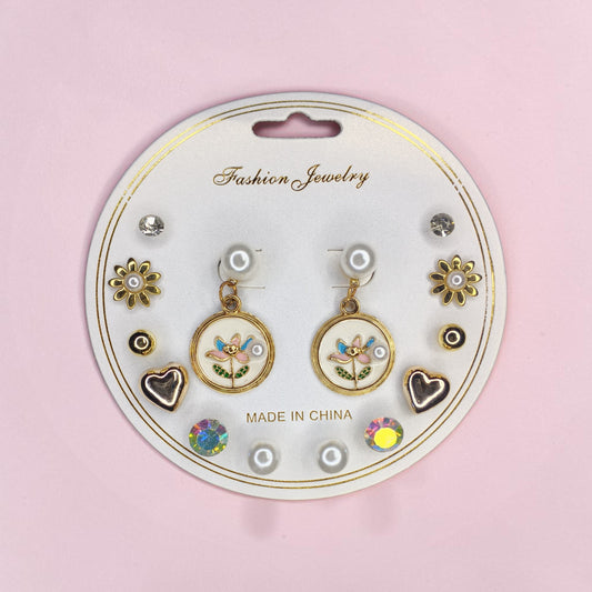 Korean Style 7 Pair Floral Pearl & Heart Stud Earrings Combo Set for Girls and Women