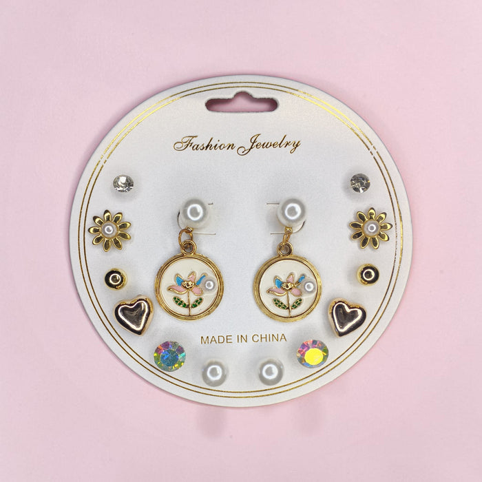 Korean Style 7 Pair Floral Pearl & Heart Stud Earrings Combo Set for Girls and Women