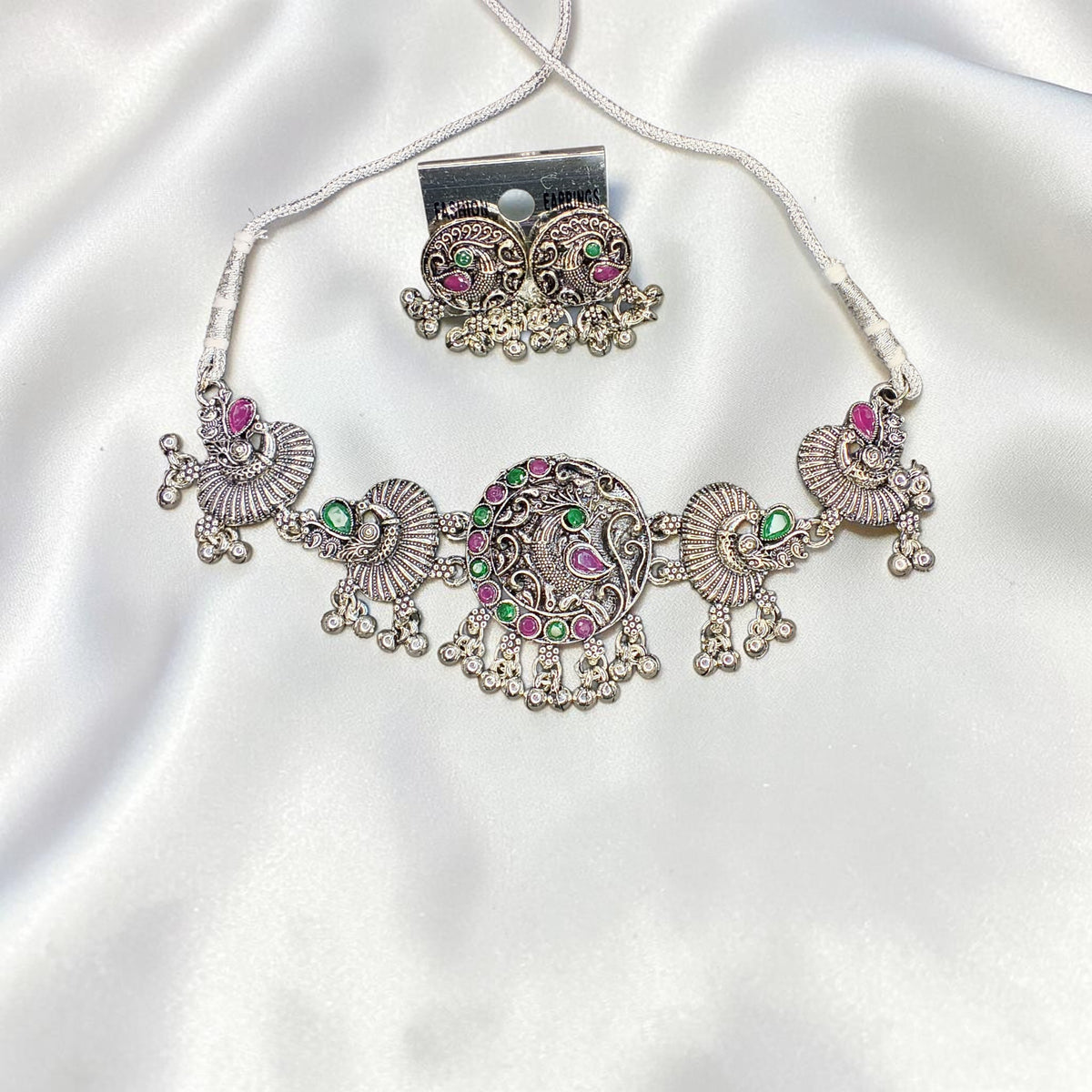 Oxidised Peacock Choker Necklace Set with Pink & Green Stone Earrings for Women & Girls