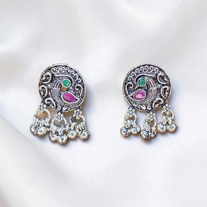 Oxidised Peacock Choker Necklace Set with Pink & Green Stone Earrings for Women & Girls