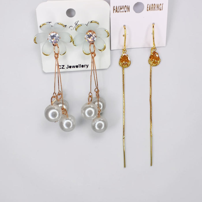 Pearl Cluster Dangle Earrings + Amber Teardrop Long Threader Earrings