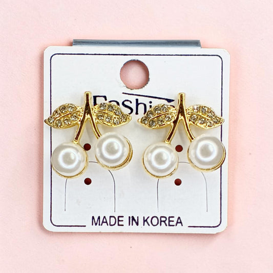 Korean Style Gold Tone Cherry Pearl Earrings for Women & Girls