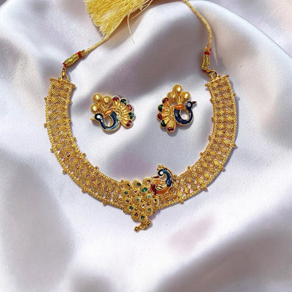 Peacock Design Gold-Tone Necklace Set with Matching Earrings