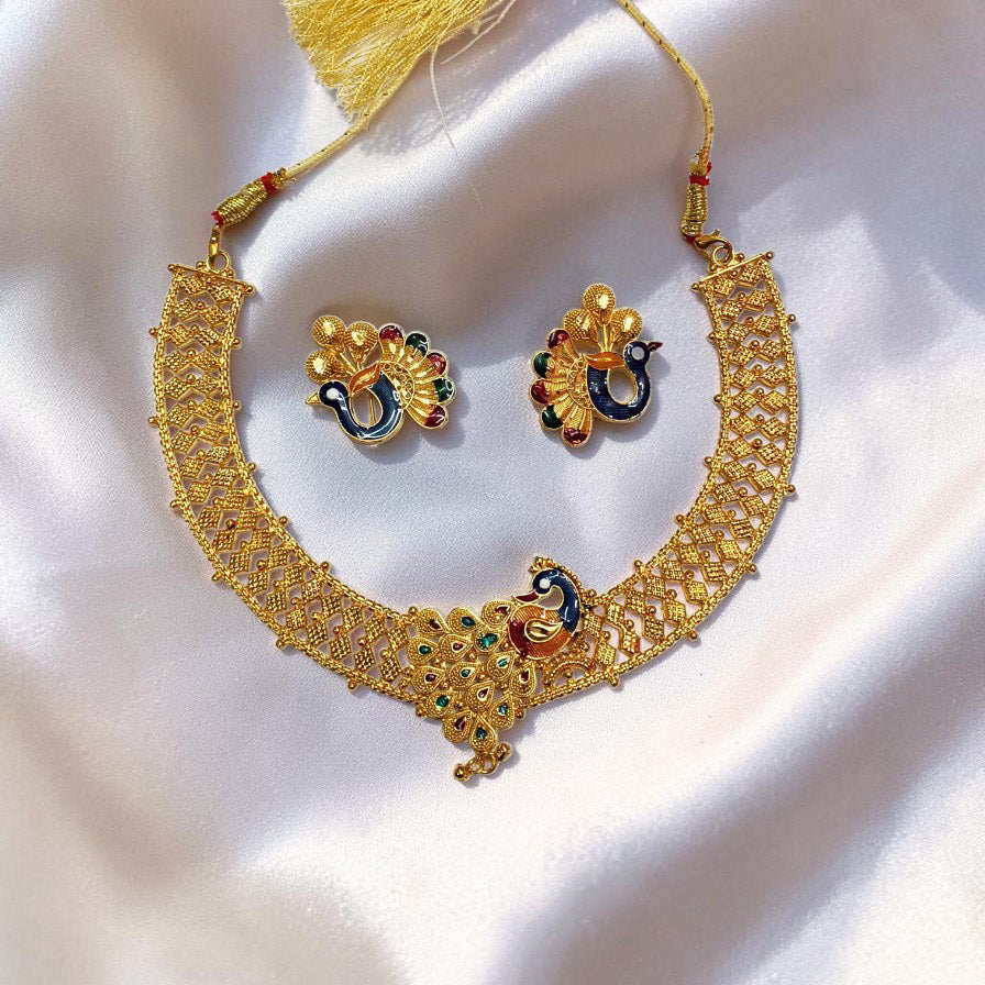 Peacock Design Gold-Tone Necklace Set with Matching Earrings