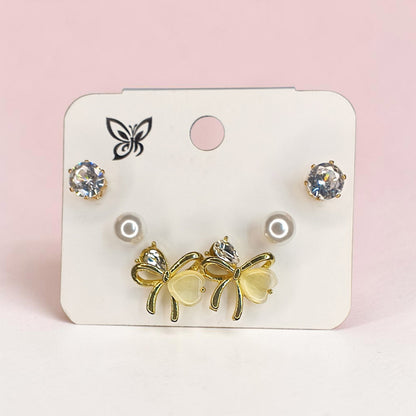 Crystal, Pearl & Butterfly Bow Earrings | Korean Style Daily Wear & Party Wear Earrings|| pair of 3